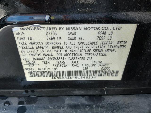 1N4BA41E46C848354 - 2006 NISSAN MAXIMA SE BLACK photo 10