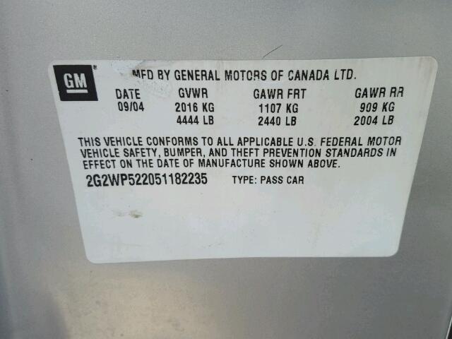 2G2WP522051182235 - 2005 PONTIAC GRAND PRIX ვერცხლისფერი ფოტო 10