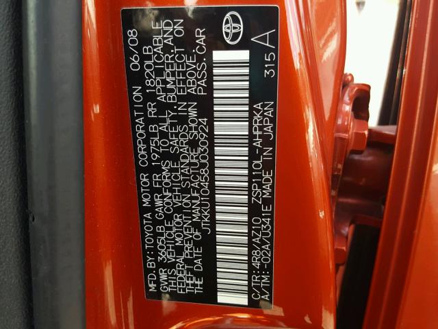 JTKKU10458J030924 - 2008 SCION XD ORANGE photo 10