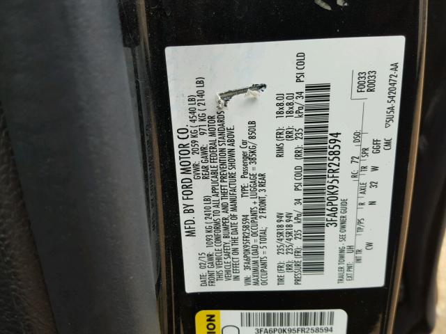 3FA6P0K95FR258594 - 2015 FORD FUSION TIT BLACK photo 10