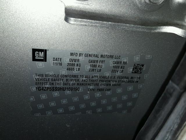 1G4ZP5SS9HU169190 - 2017 BUICK LACROSSE E SILVER photo 10