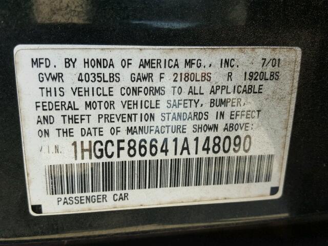 1HGCF86641A148090 - 2001 HONDA ACCORD GREEN photo 10