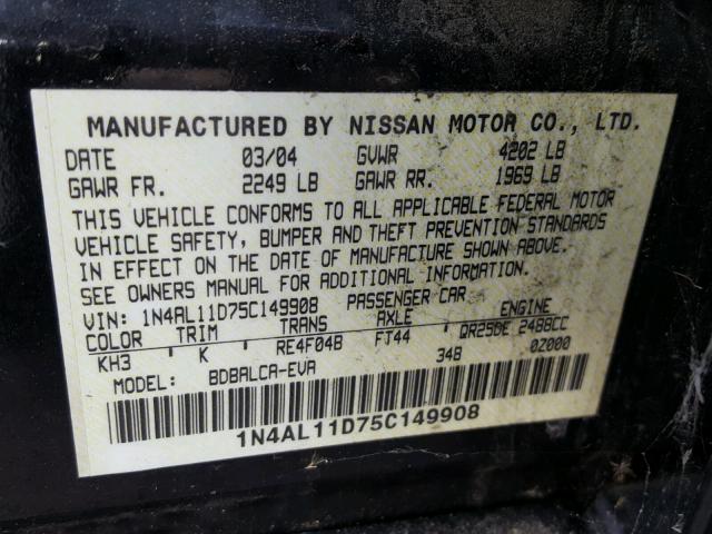 1N4AL11D75C149908 - 2005 NISSAN ALTIMA S BLACK photo 10