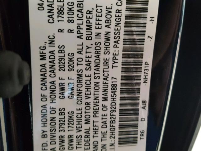 2HGFB2F92DH548817 - 2013 HONDA CIVIC EXL 黑色 照片 10