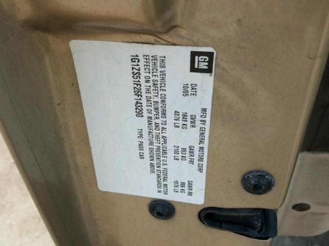 1G1ZS51F26F143290 - 2006 CHEVROLET MALIBU LS GOLD photo 10