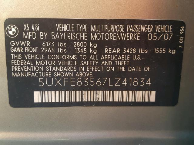 5UXFE83567LZ41834 - 2007 BMW X5 4.8I GOLD photo 10