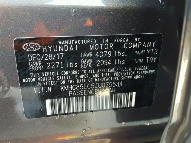 KMHC85LC5JU075534 - 2018 HYUNDAI IONIQ LIMI CHARCOAL photo 10