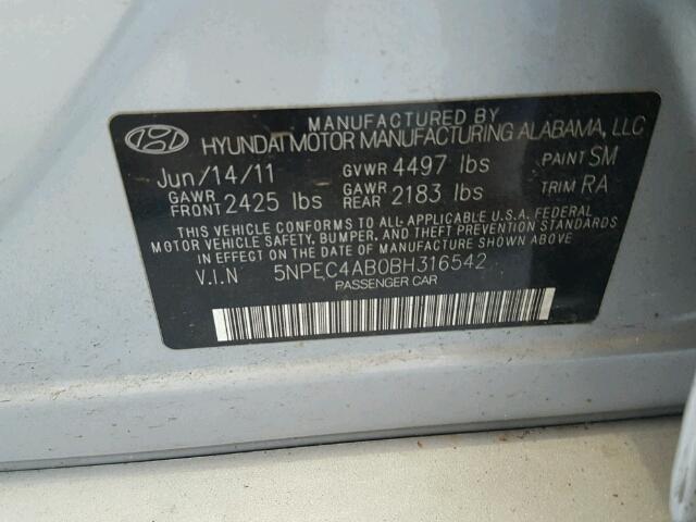 5NPEC4AB0BH316542 - 2011 HYUNDAI SONATA SILVER photo 10