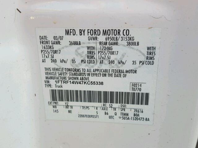 1FTRF14W47KC55338 - 2007 FORD F150 WHITE photo 10