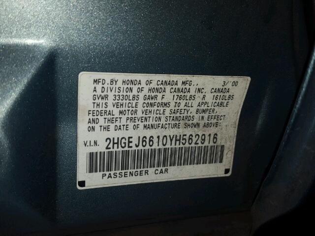 2HGEJ6610YH562916 - 2000 HONDA CIVIC BASE 蓝色 照片 10