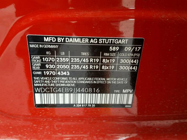 WDCTG4EB9JJ440816 - 2018 MERCEDES-BENZ GLA 250 RED photo 10