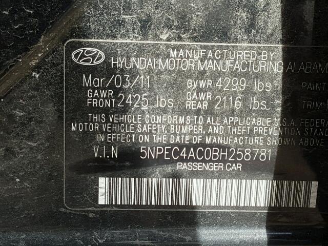 5NPEC4AC0BH258781 - 2011 HYUNDAI SONATA SE BLACK photo 10