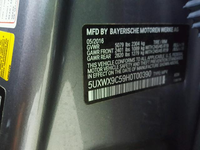 5UXWX9C59H0T00390 - 2017 BMW X3 XDRIVE2 GRAY photo 10