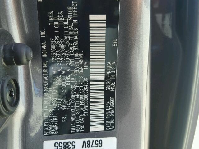 5TDYK3DC0CS264386 - 2012 TOYOTA SIENNA XLE GRAY photo 10