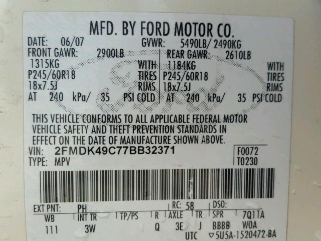 2FMDK49C77BB32371 - 2007 FORD EDGE SEL P WHITE photo 10