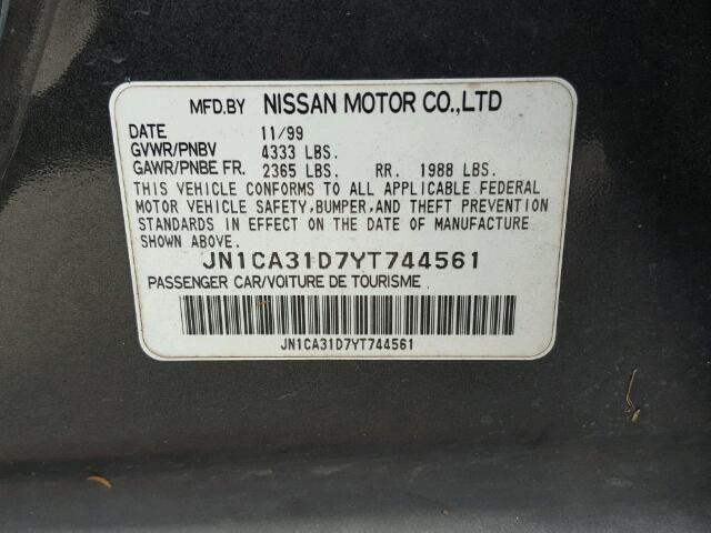 JN1CA31D7YT744561 - 2000 NISSAN MAXIMA GLE GRAY photo 10