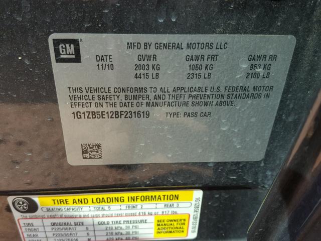 1G1ZB5E12BF231619 - 2011 CHEVROLET MALIBU LS გრაფიტი ფოტო 10