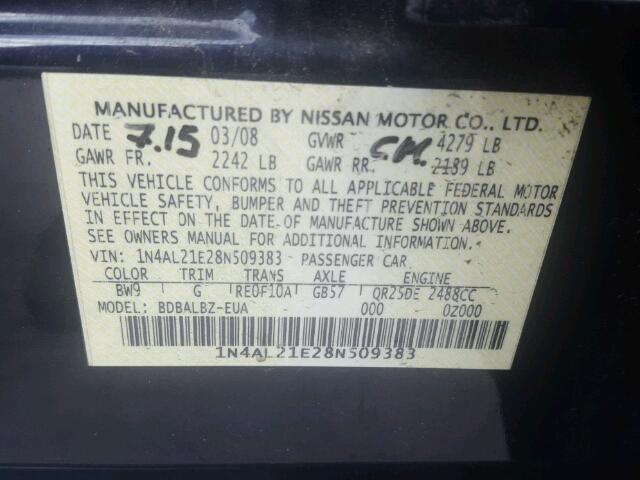 1N4AL21E28N509383 - 2008 NISSAN ALTIMA 2.5 BLUE photo 10