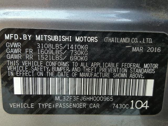 ML32F3FJ6HH000965 - 2017 MITSUBISHI MIRAGE GRAY photo 10