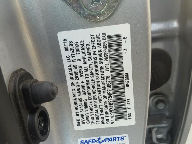 19XFB2F54FE106776 - 2015 HONDA CIVIC LX SILVER photo 10