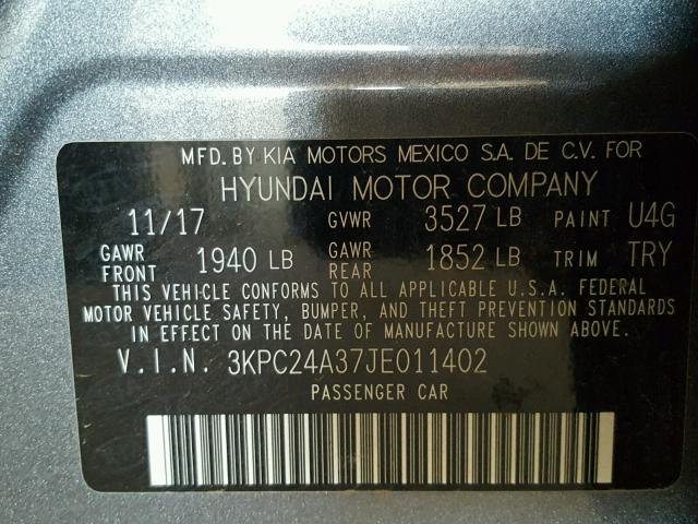 3KPC24A37JE011402 - 2018 HYUNDAI ACCENT SEL GRAY photo 10