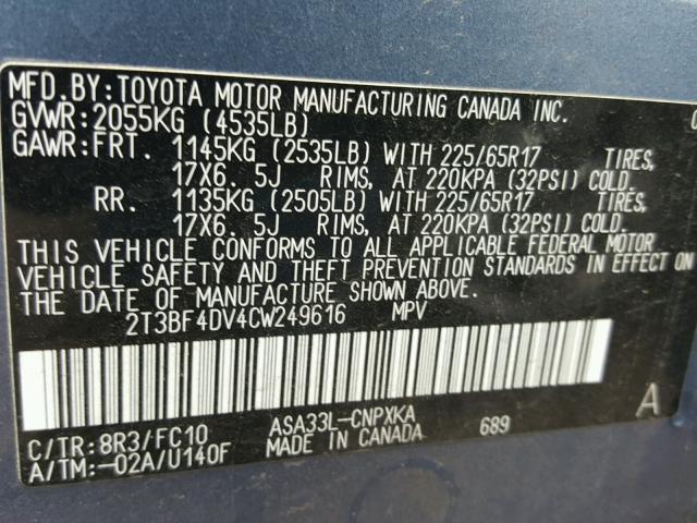 2T3BF4DV4CW249616 - 2012 TOYOTA RAV4 BLUE photo 10