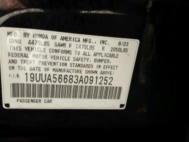 19UUA56683A091252 - 2003 ACURA 3.2TL BLACK photo 10