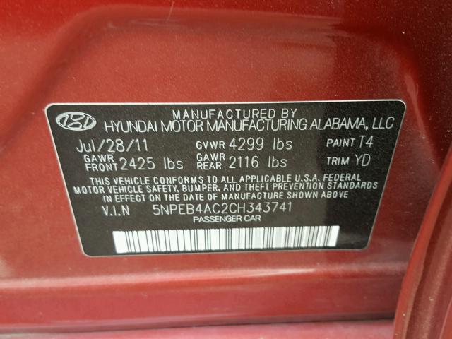 5NPEB4AC2CH343741 - 2012 HYUNDAI SONATA RED photo 10