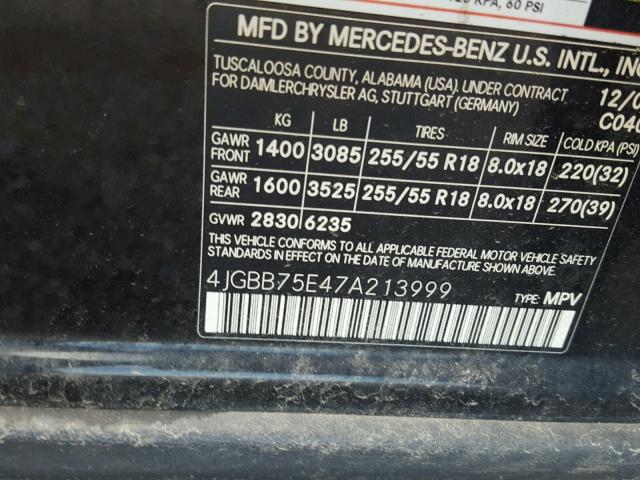 4JGBB75E47A213999 - 2007 MERCEDES-BENZ ML 500 BLACK photo 10