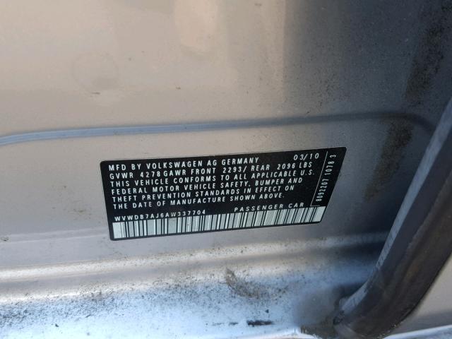WVWDB7AJ6AW337704 - 2010 VOLKSWAGEN GOLF SILVER photo 10