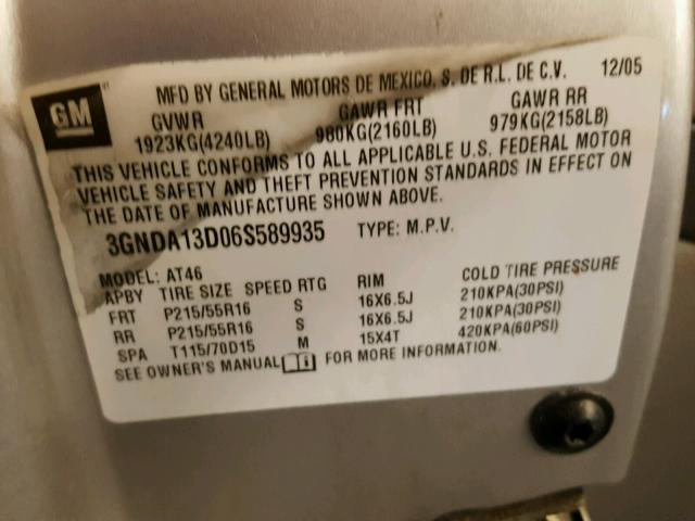 3GNDA13D06S589935 - 2006 CHEVROLET HHR LS TWO TONE photo 10