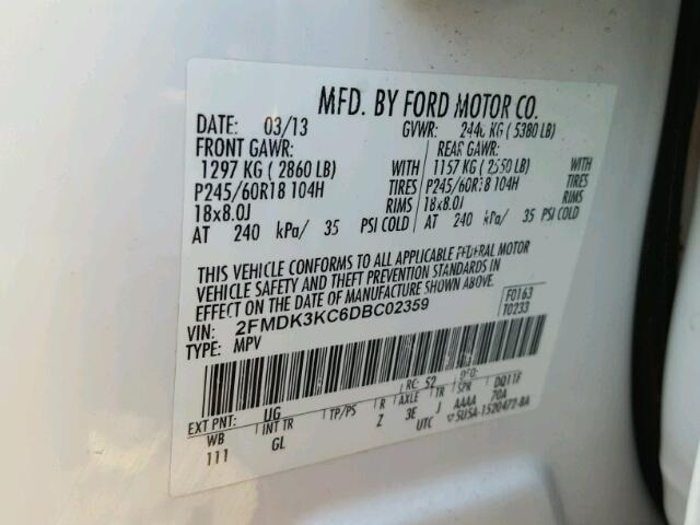 2FMDK3KC6DBC02359 - 2013 FORD EDGE Beyaz fotoğraf 10