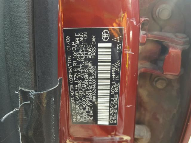 JTKKT624460152092 - 2006 TOYOTA SCION XA MAROON photo 10
