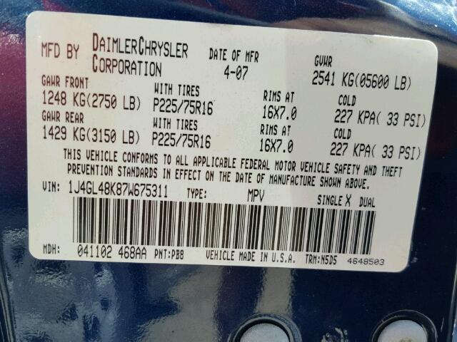 1J4GL48K87W675311 - 2007 JEEP LIBERTY BLUE photo 10