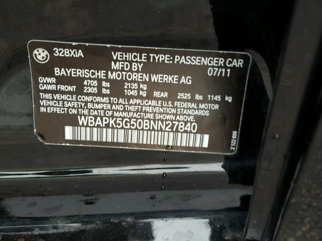 WBAPK5G50BNN27840 - 2011 BMW 328 BLACK photo 10