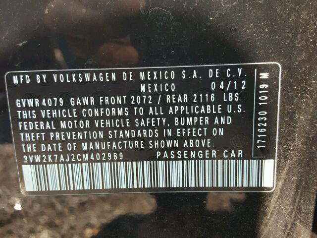 3VW2K7AJ2CM402989 - 2012 VOLKSWAGEN JETTA BASE 黑色 照片 10