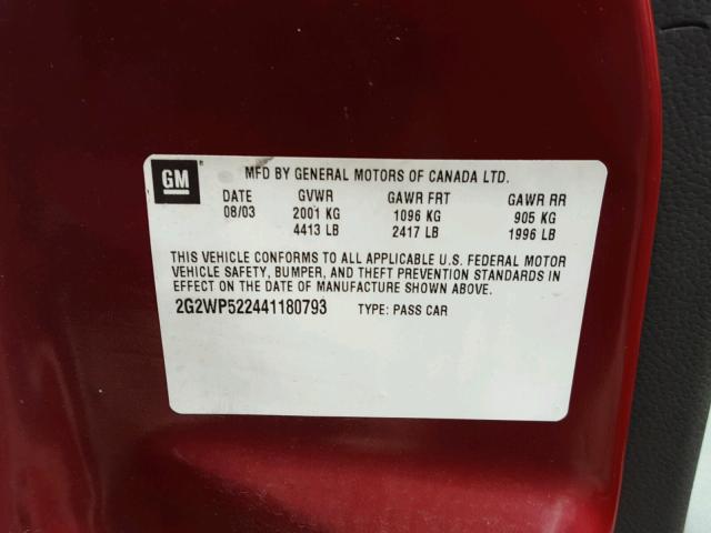 2G2WP522441180793 - 2004 PONTIAC GRAND PRIX MAROON photo 10