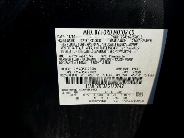 1FAHP2KT3AG170742 - 2010 FORD TAURUS SHO BLACK photo 10