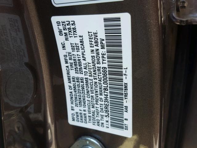 5J6RE3H47BL000669 - 2011 HONDA CR-V SE GRAY photo 10