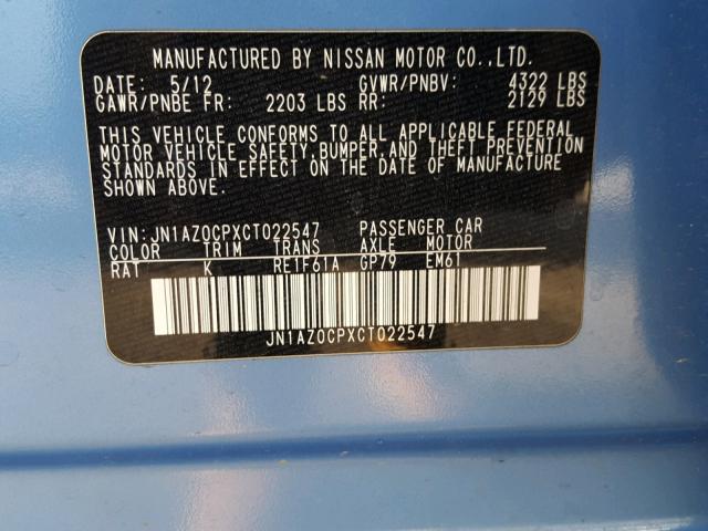 JN1AZ0CPXCT022547 - 2012 NISSAN LEAF SV BLUE photo 10