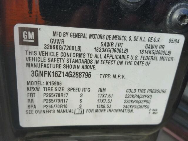 3GNFK16Z14G288796 - 2004 CHEVROLET SUBURBAN PURPLE photo 10