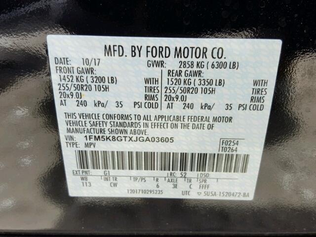 1FM5K8GTXJGA03605 - 2018 FORD EXPLORER S BLACK photo 10