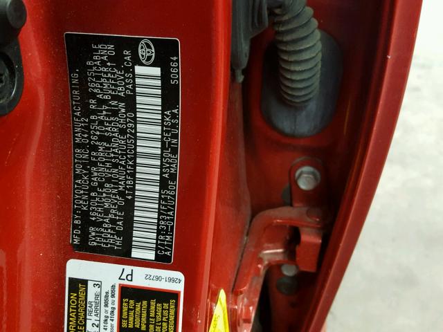 4T1BF1FK1CU572970 - 2012 TOYOTA CAMRY BASE წითელი ფოტო 10