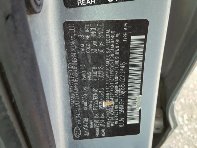 5NMSH13E88H223848 - 2008 HYUNDAI SANTA FE S GRAY photo 10