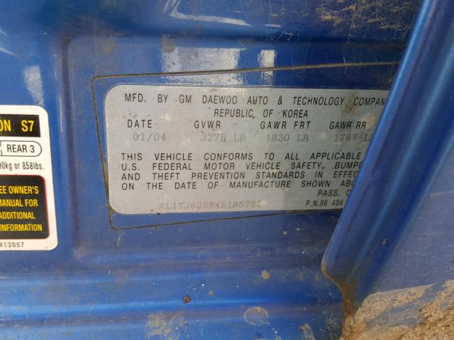 KL1TJ62684B185785 - 2004 CHEVROLET AVEO LS BLUE photo 10