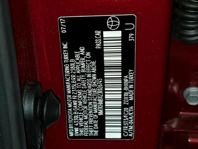 NMTKHMBX2JR026745 - 2018 TOYOTA C-HR XLE RED photo 10