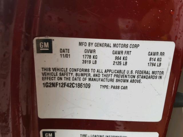 1G2NF12F42C186109 - 2002 PONTIAC GRAND AM S Bordo foto 10