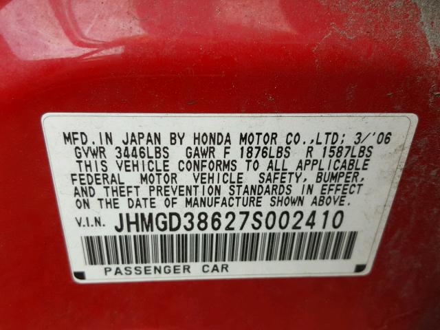 JHMGD38627S002410 - 2007 HONDA FIT RED photo 10