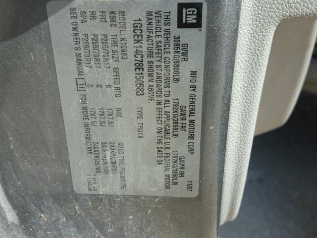 1GCEK14C78E150583 - 2008 CHEVROLET SILVERADO GRAY photo 10