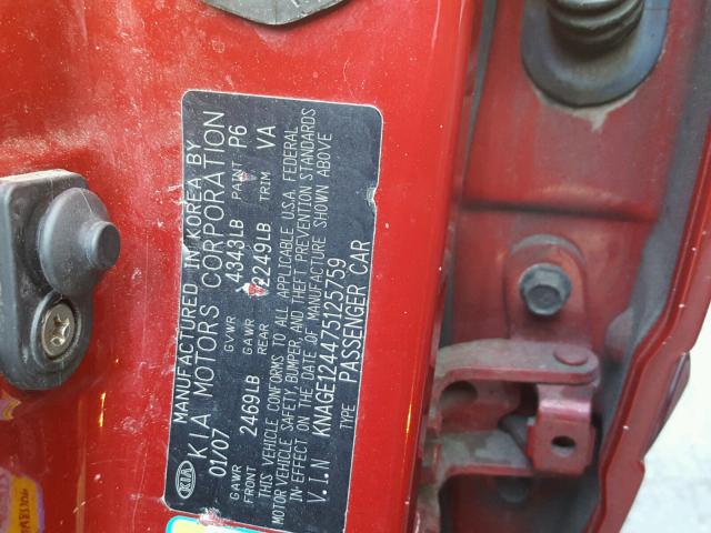 KNAGE124475125759 - 2007 KIA OPTIMA LX RED photo 10